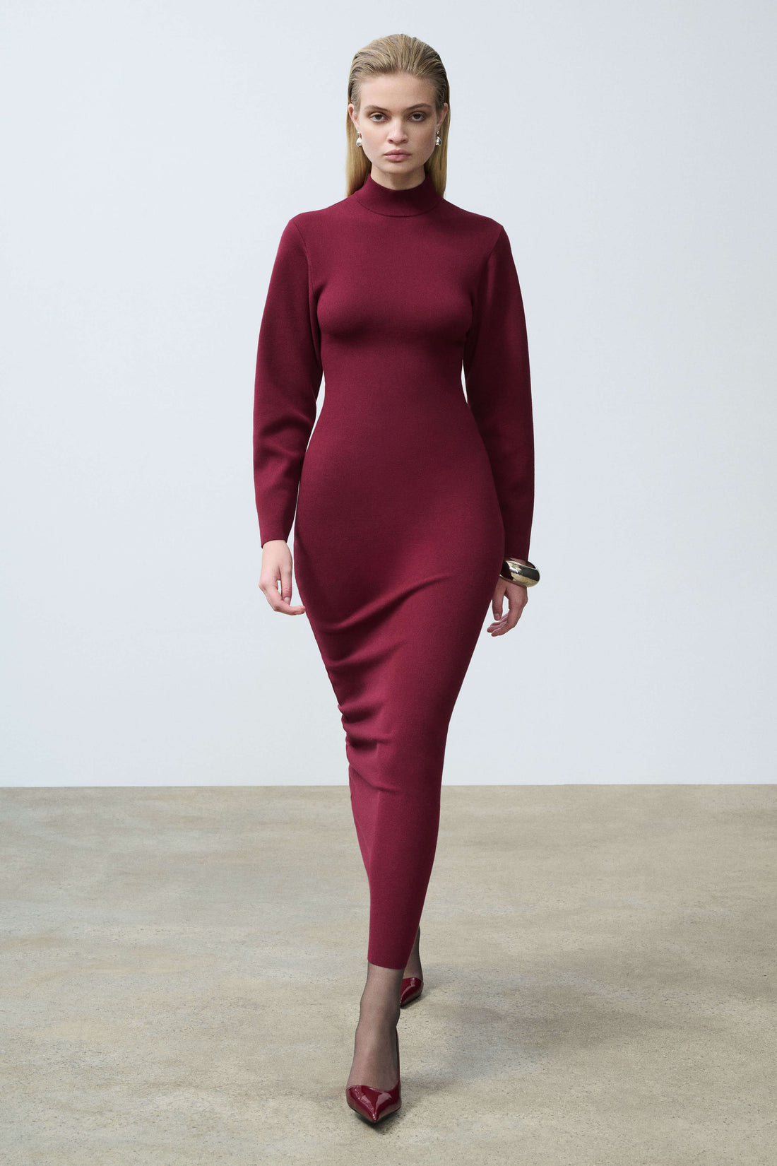 Gloria Burgundy Mock Neck Long Dress