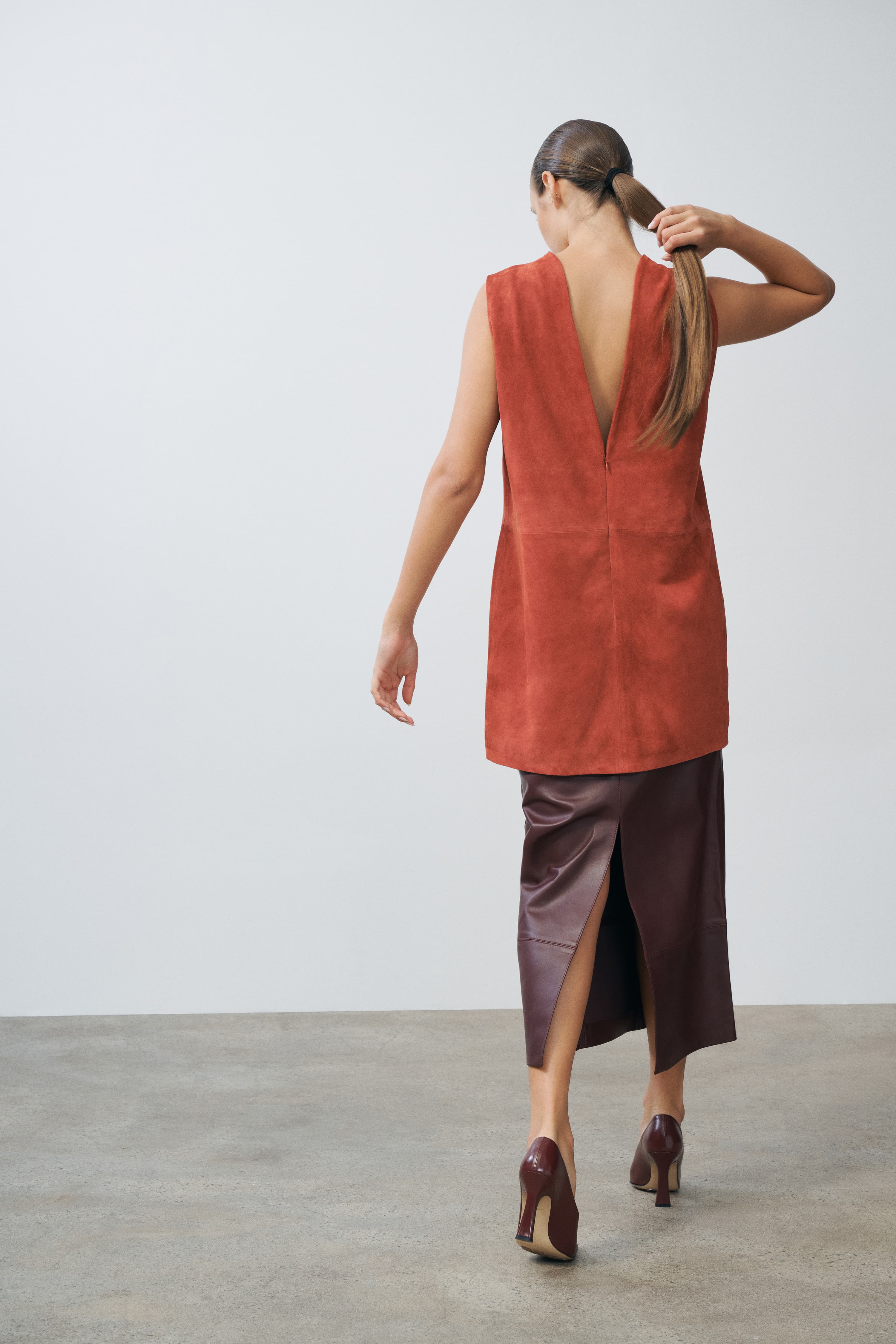 Mona Dark Cherry Suede High-Neck Mini Dress | SRG Mona Dark Cherry Suede High-Neck Mini Dress | SRG
