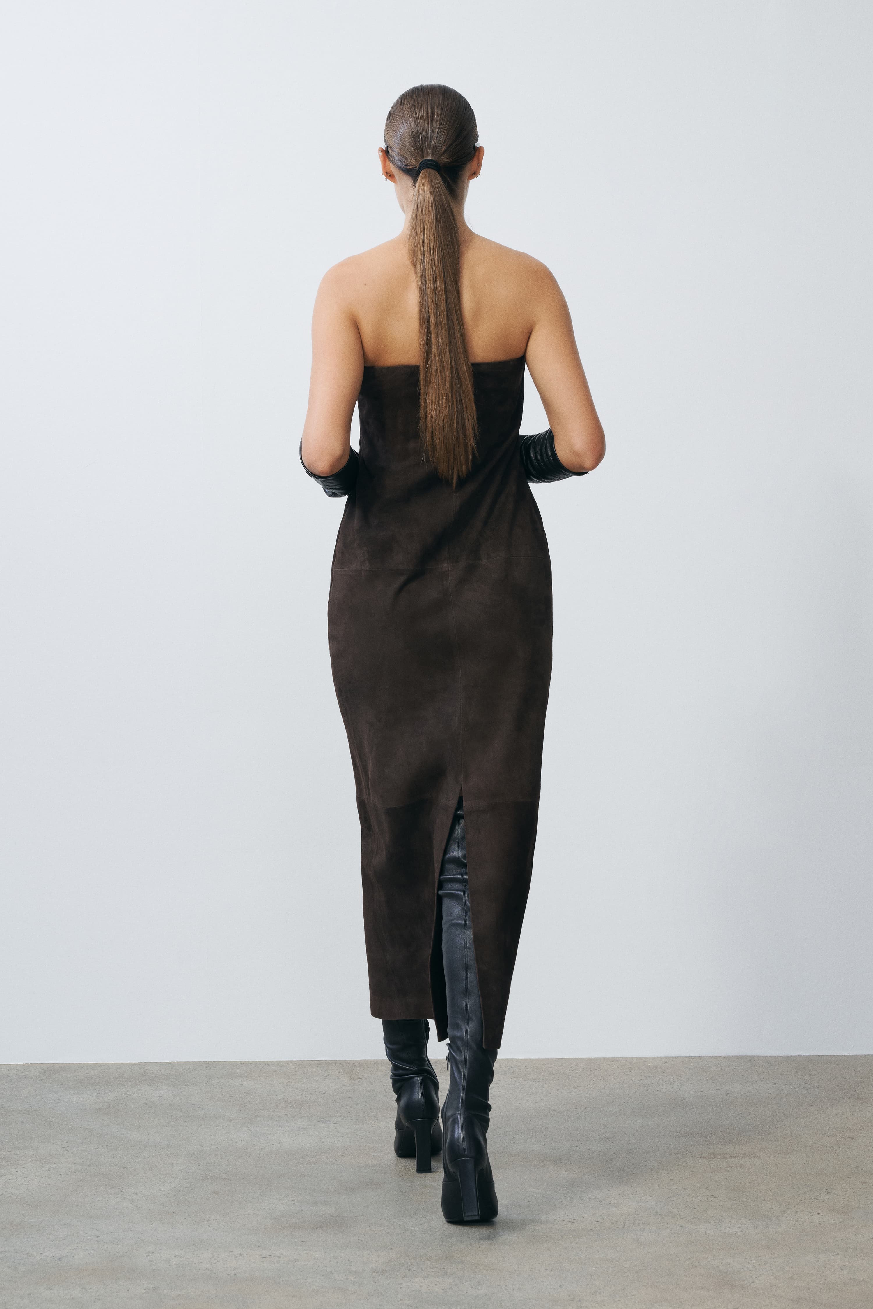 Kim Strapless 100% Leather Shift Midi Dress | SRG Kim Strapless 100% Leather Shift Midi Dress | SRG