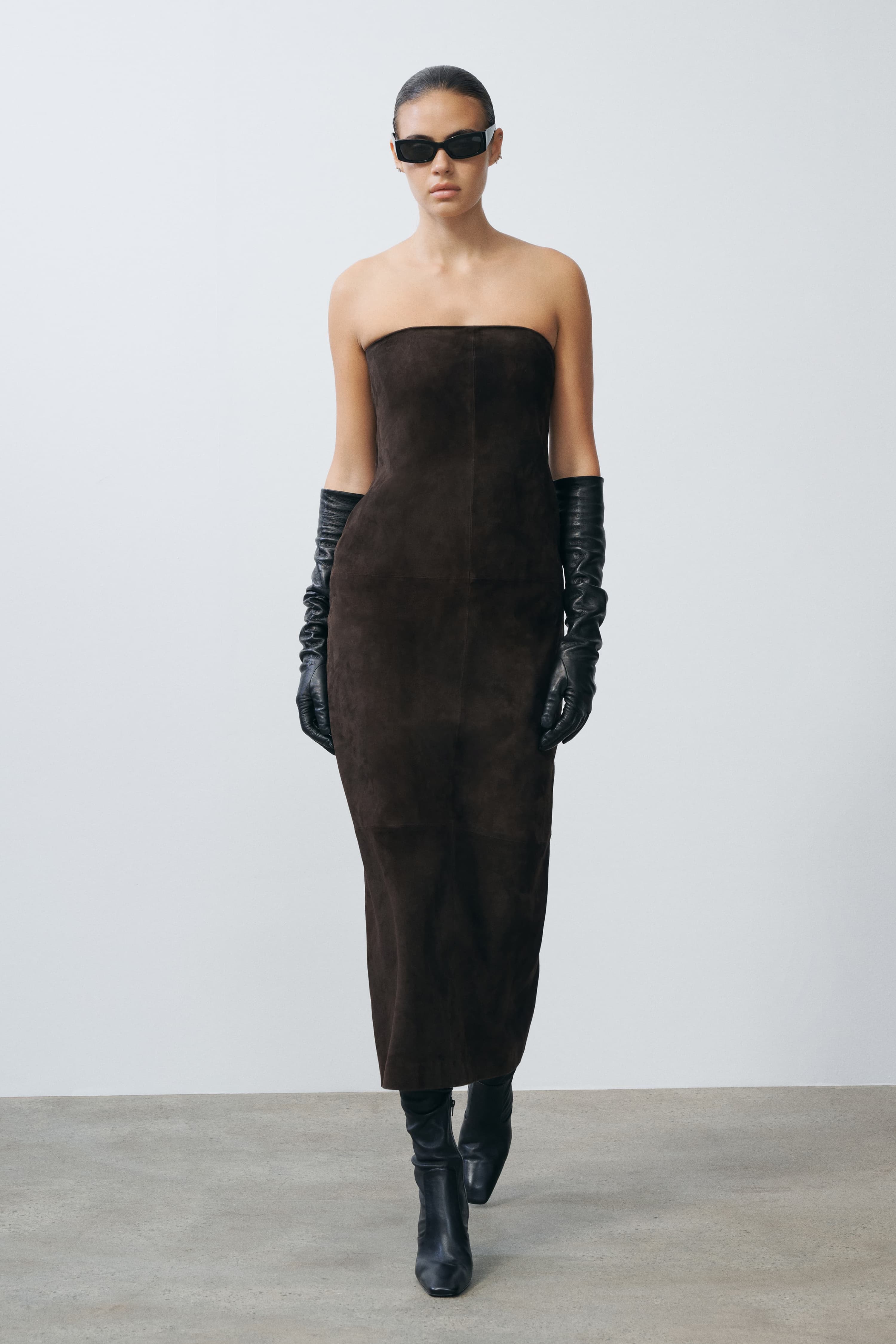 Kim Strapless 100% Leather Shift Midi Dress | SRG Kim Strapless 100% Leather Shift Midi Dress | SRG