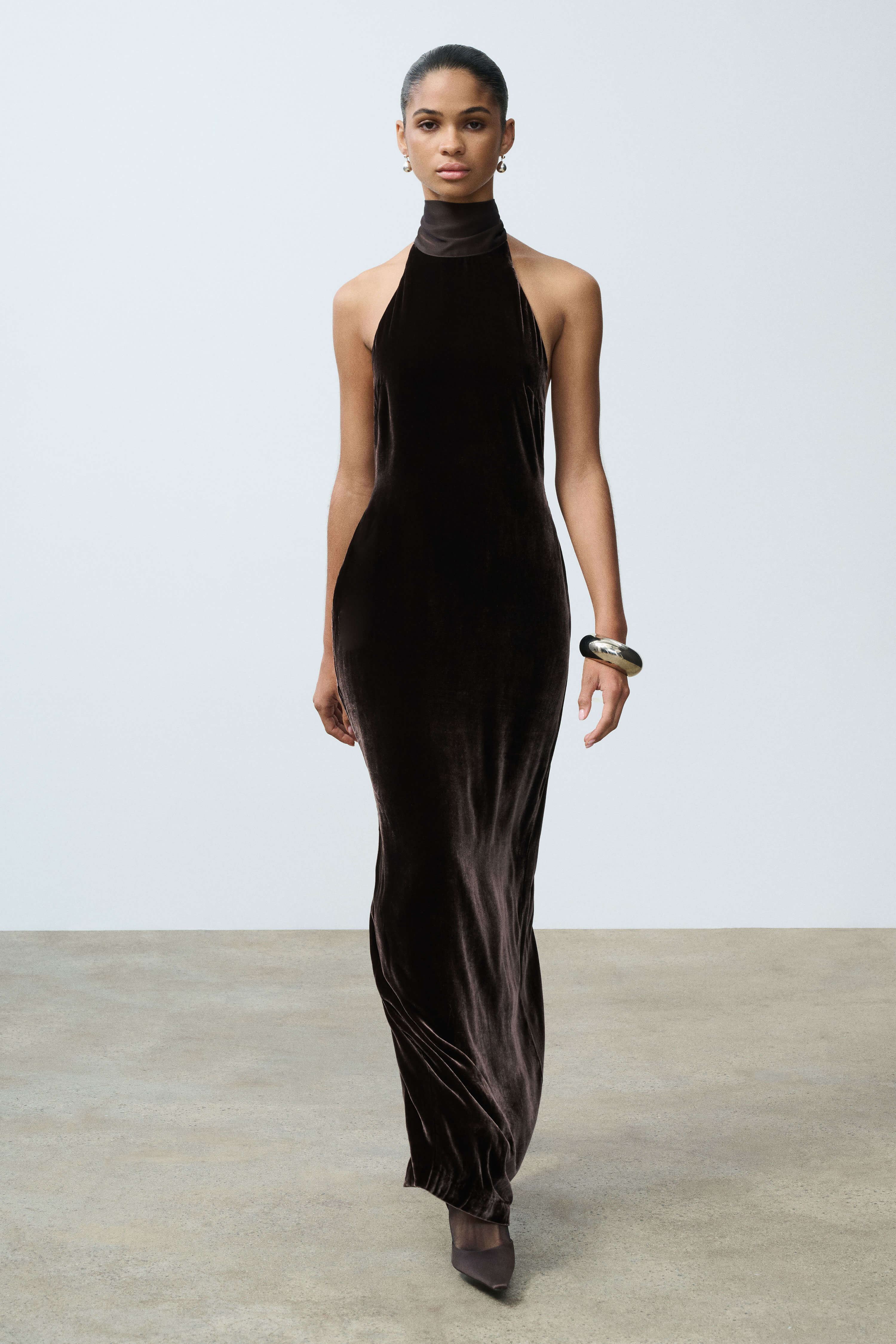 Delia Chocolate Halter Neck Velvet Dress | SRG Delia Chocolate Halter Neck Velvet Dress | SRG