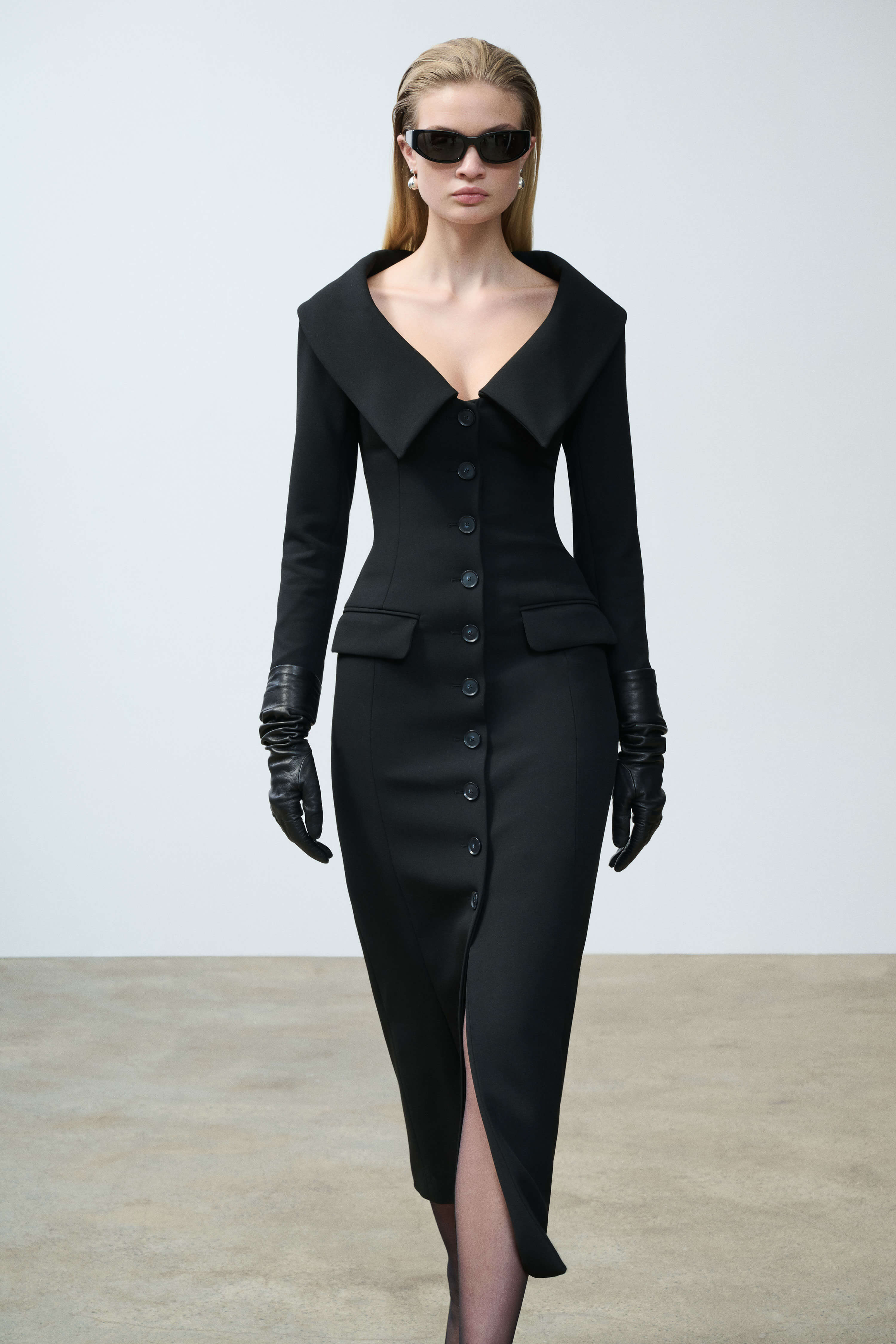 Genevieve Black Portrait Collar Suiting Long Dress | SRG Genevieve Black Portrait Collar Suiting Long Dress | SRG