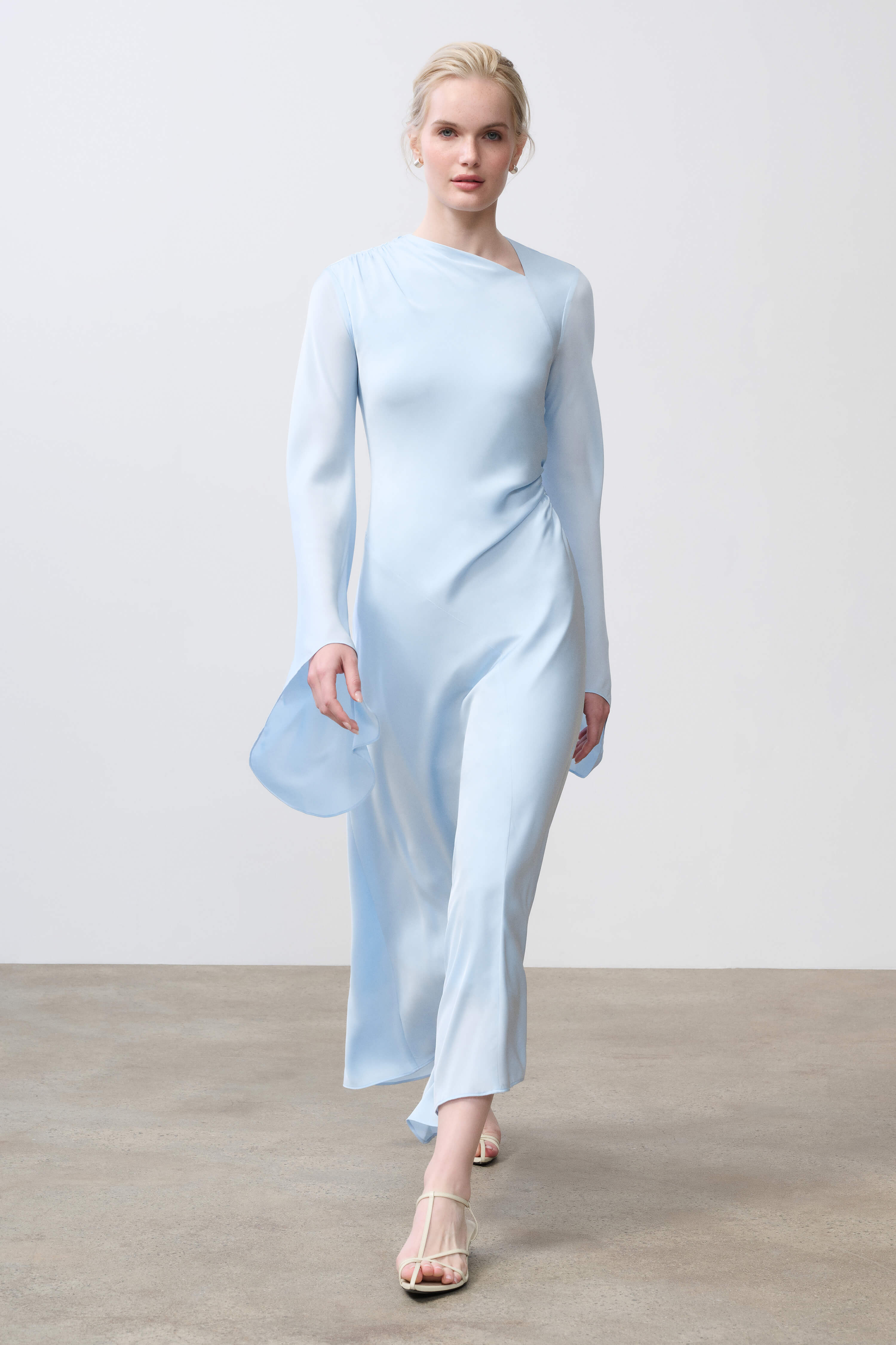 grey blue silk dress Leely Women Grey Blue Satin One Shoulder Sheath Elegant Mother of the Bride Dress Maxi Ruffled Formal Dress Black Tie Dress