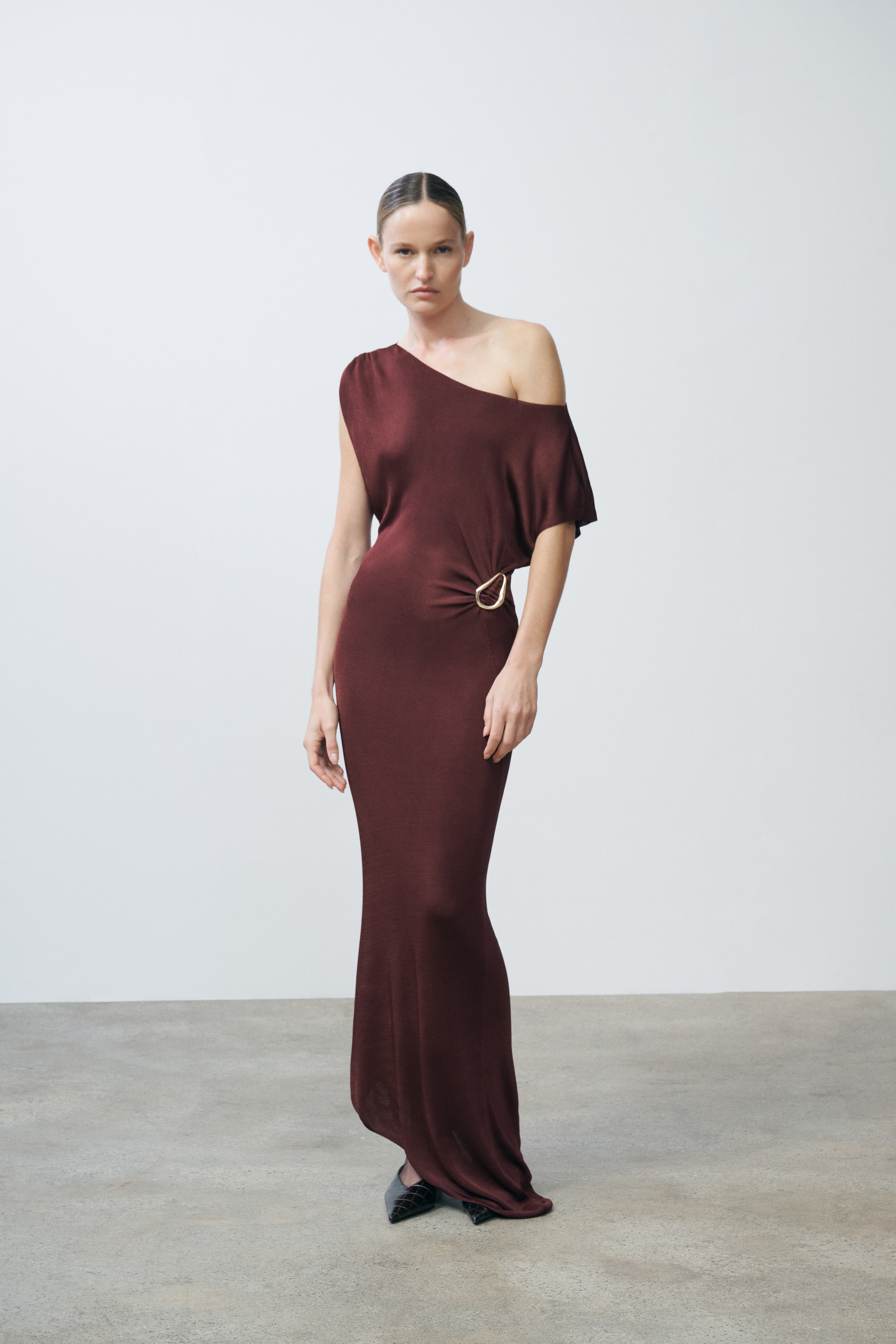 Mehek Oxblood Asymmetric Knit Gown | SRG Mehek Oxblood Asymmetric Knit Gown | SRG