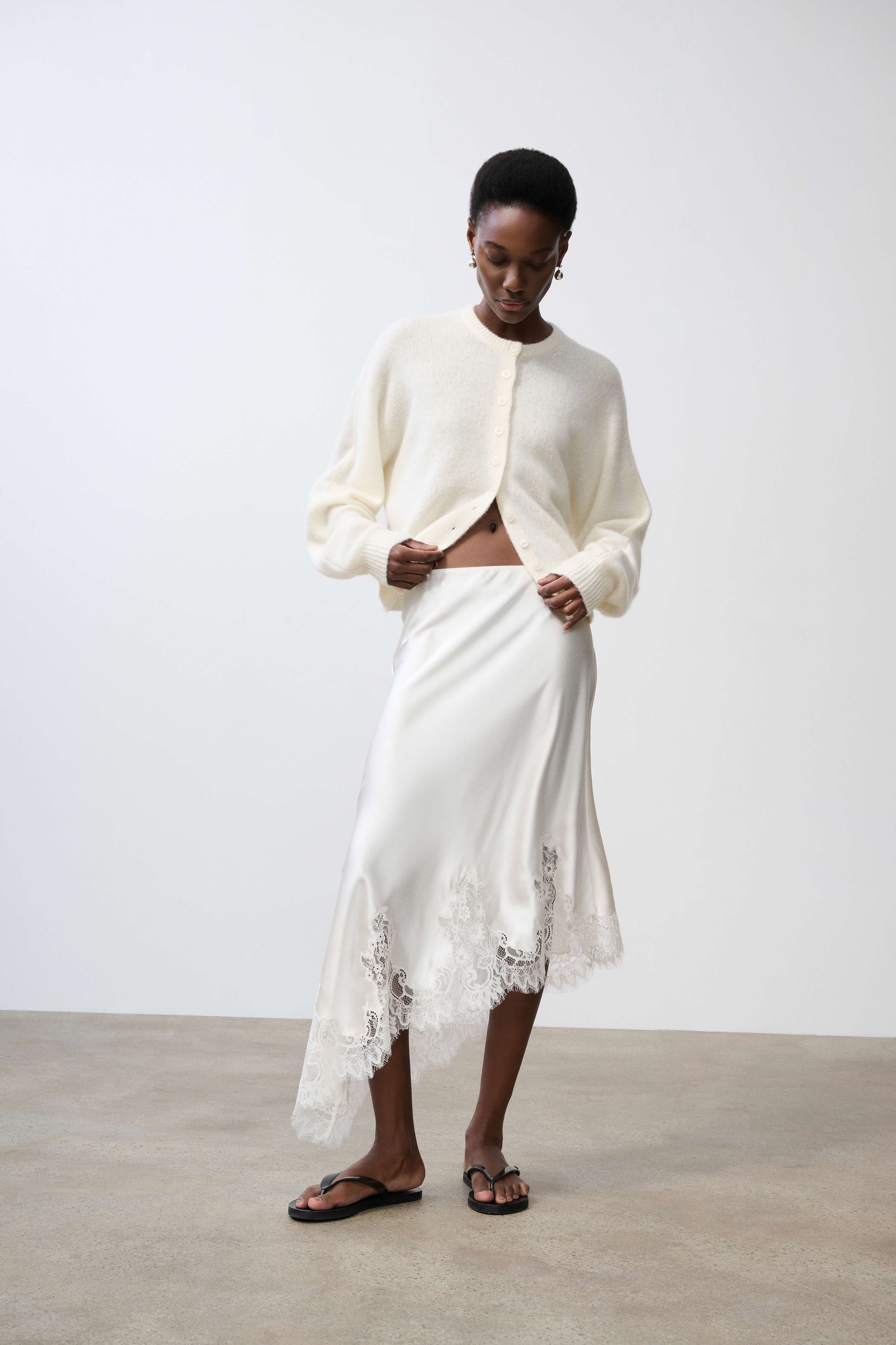 Romy Ivory Pure Silk Lace Trim Midi Skirt | SRG